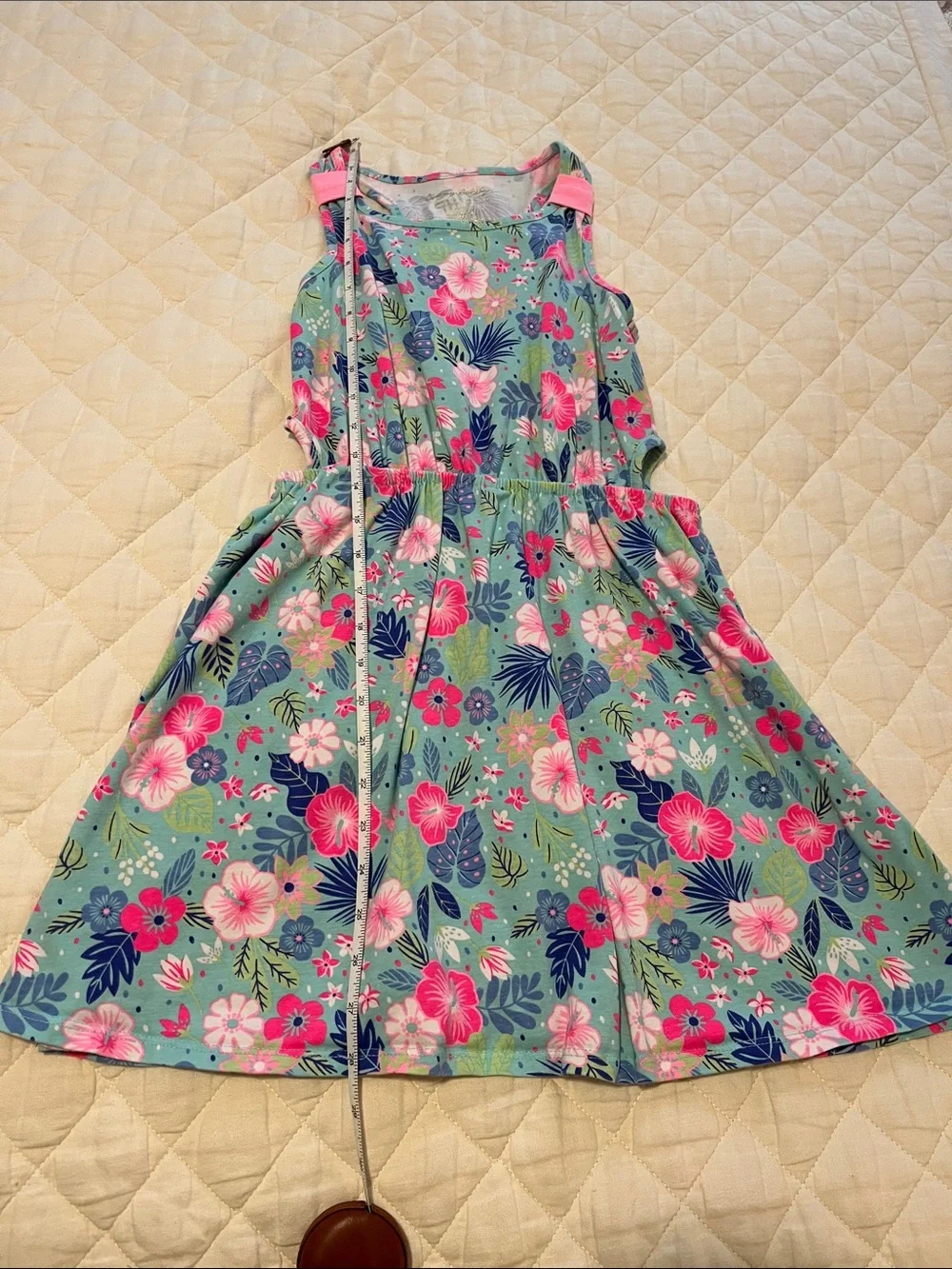 Tommy Bahama L 10/12 Girls' Tropical Floral Tank Dress - Aqua with Pink & Blue